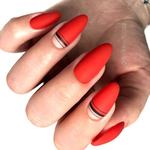 Red Matte Nail Design With Striped Art