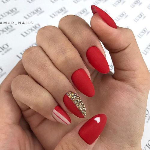 Mix Red Nail Design With Gold Crystals