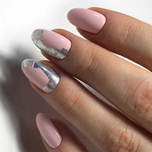Oval Shaped Nails With A Bright Foil Design #foil