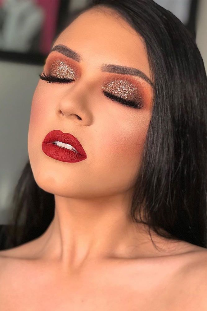 Brown Glitter Smokey With Red Lipstick Makeup Idea #redlipstick