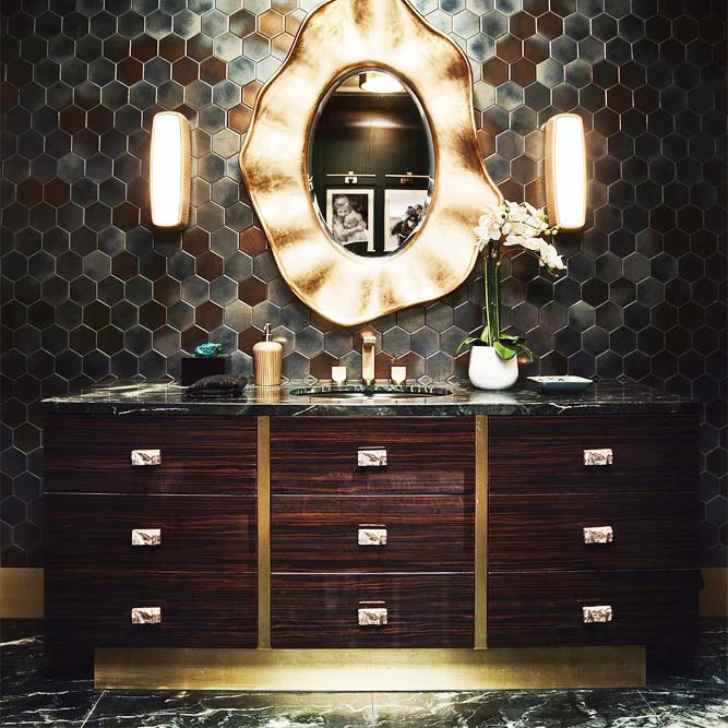 Classy Bathroom Vanity In Dark Hues With Marble Top #classystyle #drawers