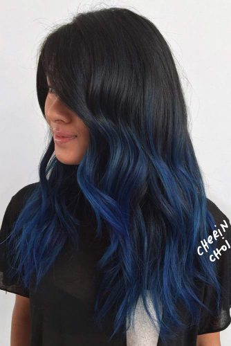 Mid Length Cut with Blue Ends on Black Haircolor