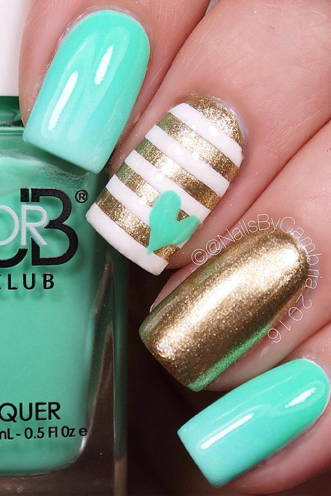 Turquoise and Gold Stripe Nails