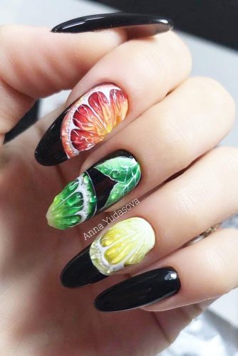 Long Almond Nails With Citrus Fruits #fruitspattern #citrusnails