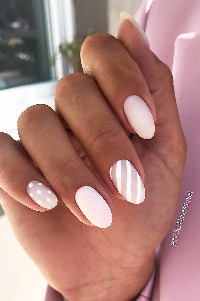 Pink Matte Nails With Stripes #mattenails #stripes #dots