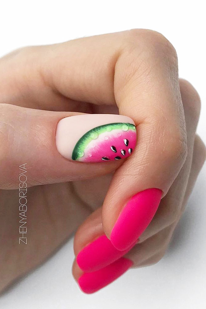 Pink Matte Nails With Watermelon Art #pinknails #mattenails