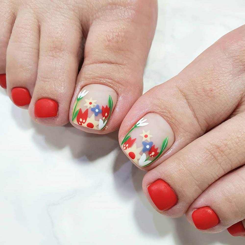 Diseño de uñas de flores mate para el verano #rednails #mattenails