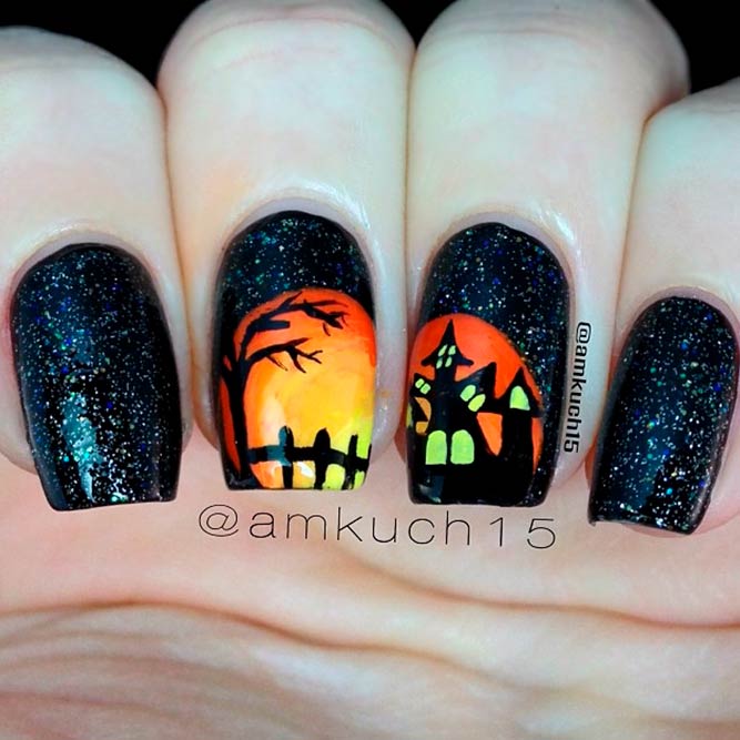 Spooky Haunted House At The Nightn #spookynails #halloweennailart