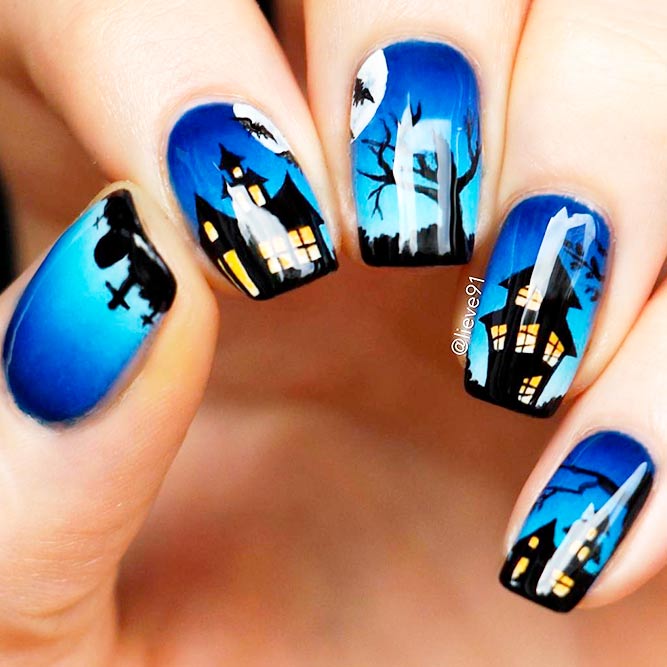 Spooky Haunted Houses In Forest #spookynailart #halloweennailart