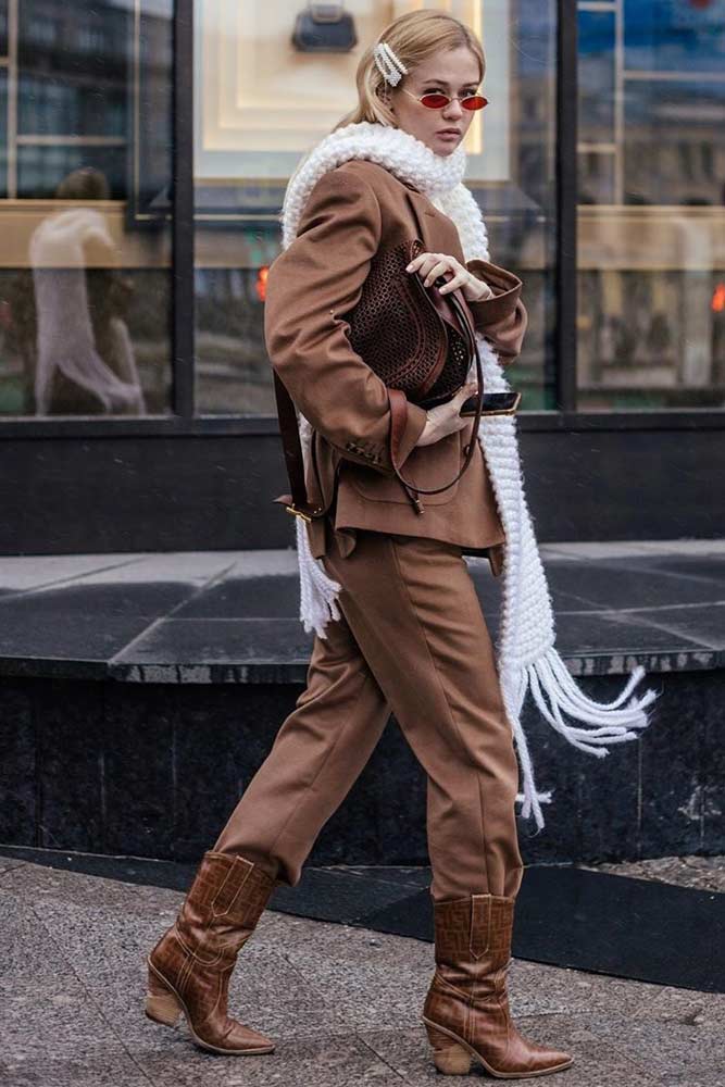 Brown Power Suit With White Knit Scarf #whitescarf