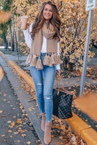 Ripped Jeans With White Sweater And Tassel Scarf #tasselscarf
