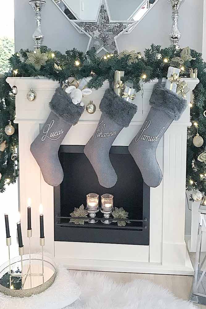 Fireplace Decorations With Gray Socks #star #candles 