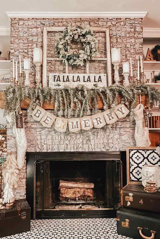 Rustic Fireplace Decor With Lettering Garlands #garland #candleholders