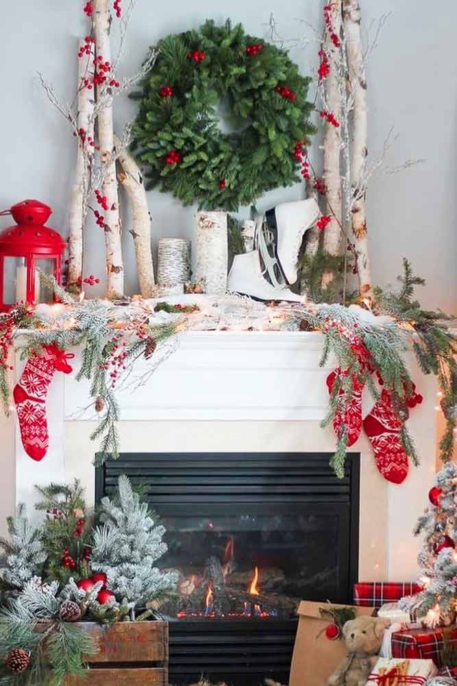 Rustic Fireplace Decorations With Red Socks #lanterns #socks