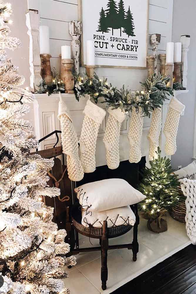 Cozy Fireplace Decorations In Neutral Colors #socks #pillows