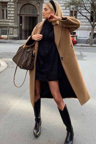 Brown Winter Coat With Black Dress Outfit #blackboots