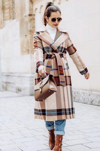 Plaid Coat Outfit Idea #jeans #boots