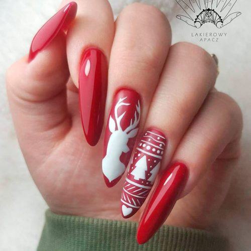 Long Red Nails With Ornament #rednails #longnails #deernailart