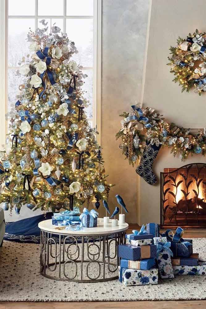 Christmas Tree Decorations In White And Blue Colors #blueornaments
