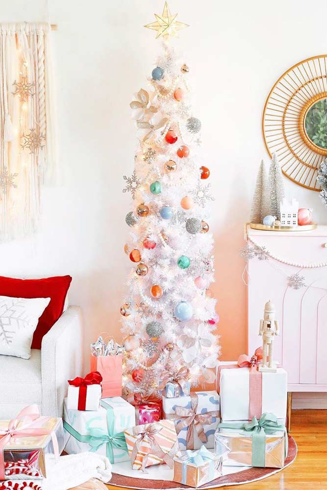 White Christmas Tree With Colorful ornaments #colorfuldecorations