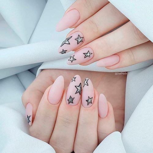 Matte Nude Nails With Glitter Stars #mattenails #almondnails