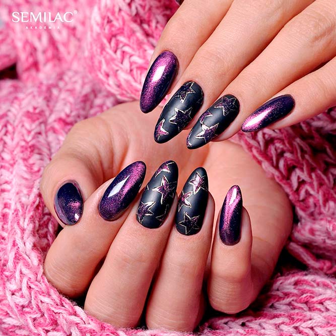 Cat Eye Nail Art With Stars #cateyenails #purplenails
