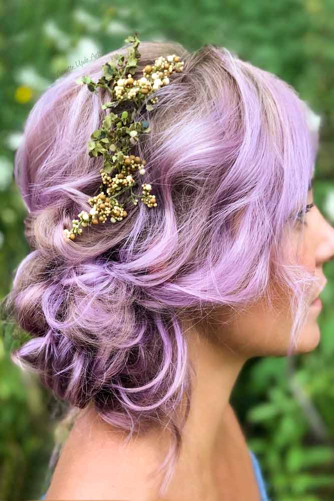 Purple Hair Updo With Floral Accessory #purplehair 