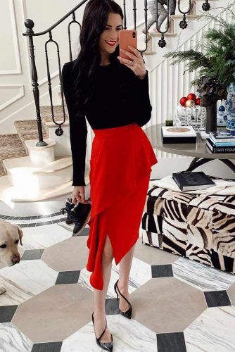 Red And Black Colors For Holiday Look #redskirt