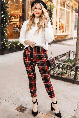 White Sweater With Plaid Pants Holiday Outfit #plaidpants