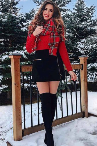 Black Mini Skirt With Red Sweater Outfit #redsweater #highboots