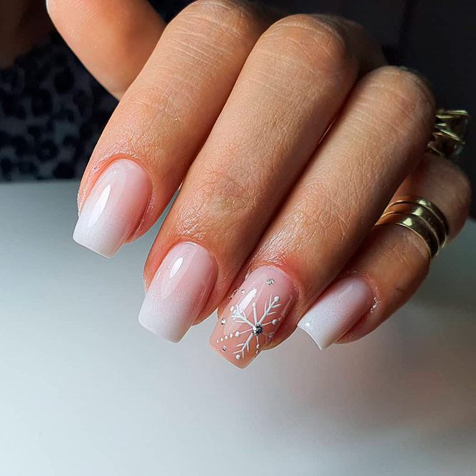 Elegant Nude Nail Art With Snowlakes #nudenails #ombrenails