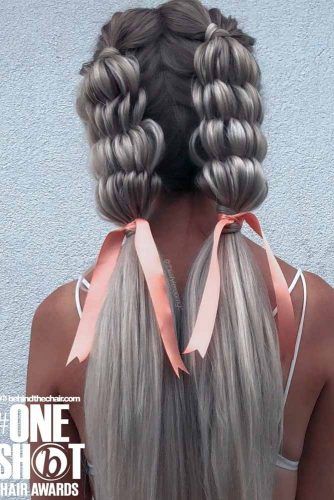Two Braided Ponytails With Ribbons #hairribbon #braidedhairstyles