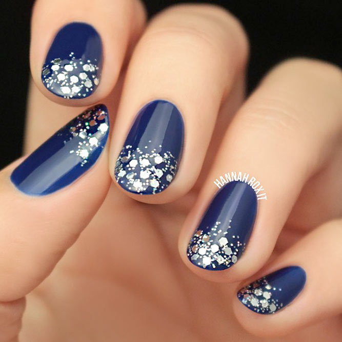 Rounded Blue Nails With Glitter #glitterombre #bluenails
