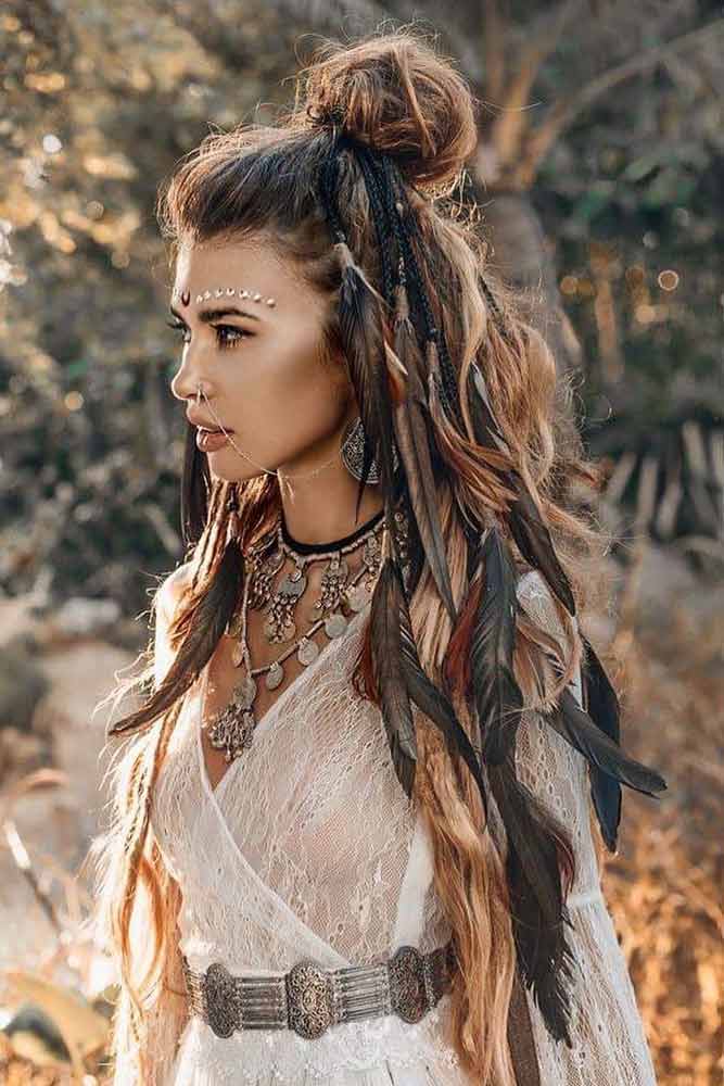 Half Up Half Down Hairstyle With Feather Accessory 