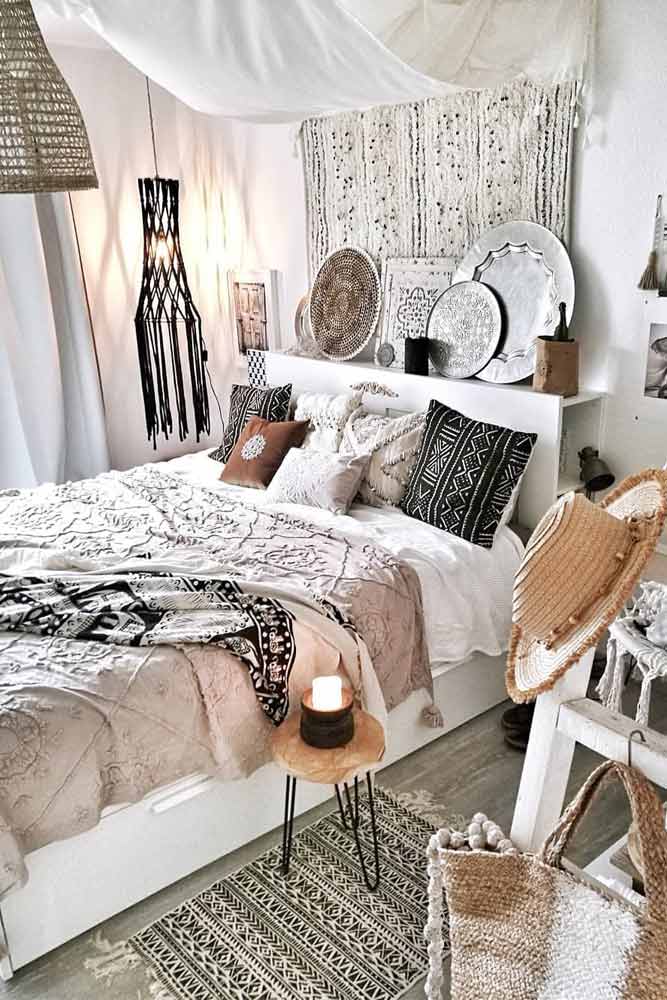 Bohemian Bedroom With Patterned Plates #patternedplates #pillows