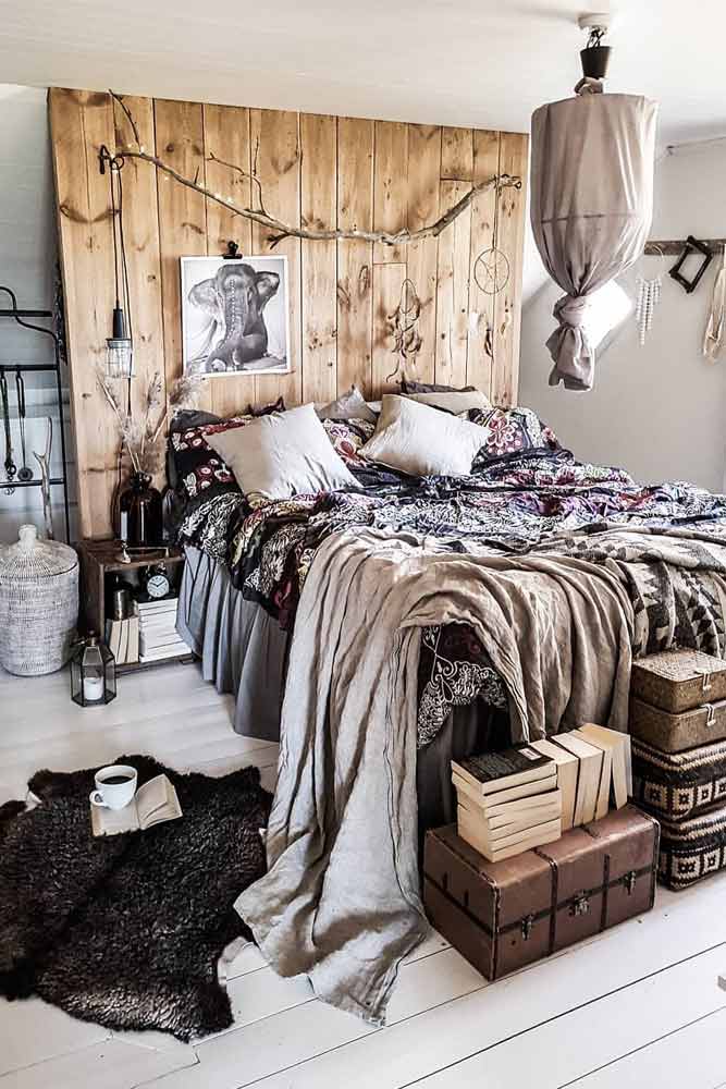 Bohemian Bedroom Design With Rustic Accents #wood #pillows