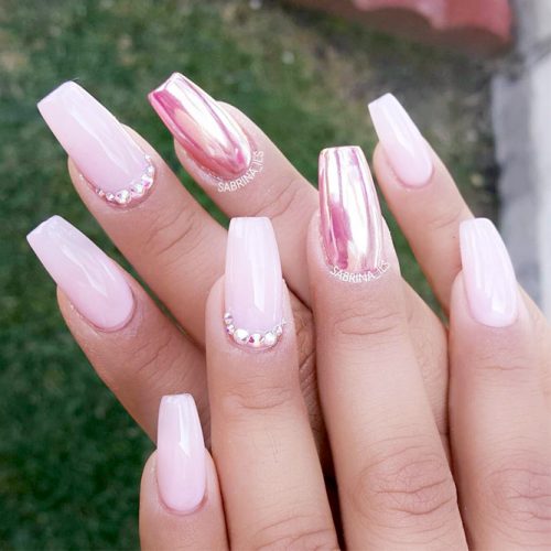 Nail ideas | pearl shine nails | natural almond shape nails | gemstone nails  | Pink chrome nails, Pearl nails, Nails inspiration