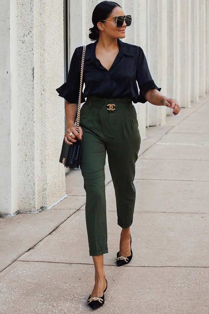 Khaki High Waisted Pants With Black Blouse Work Outfit #pants #blackblouse