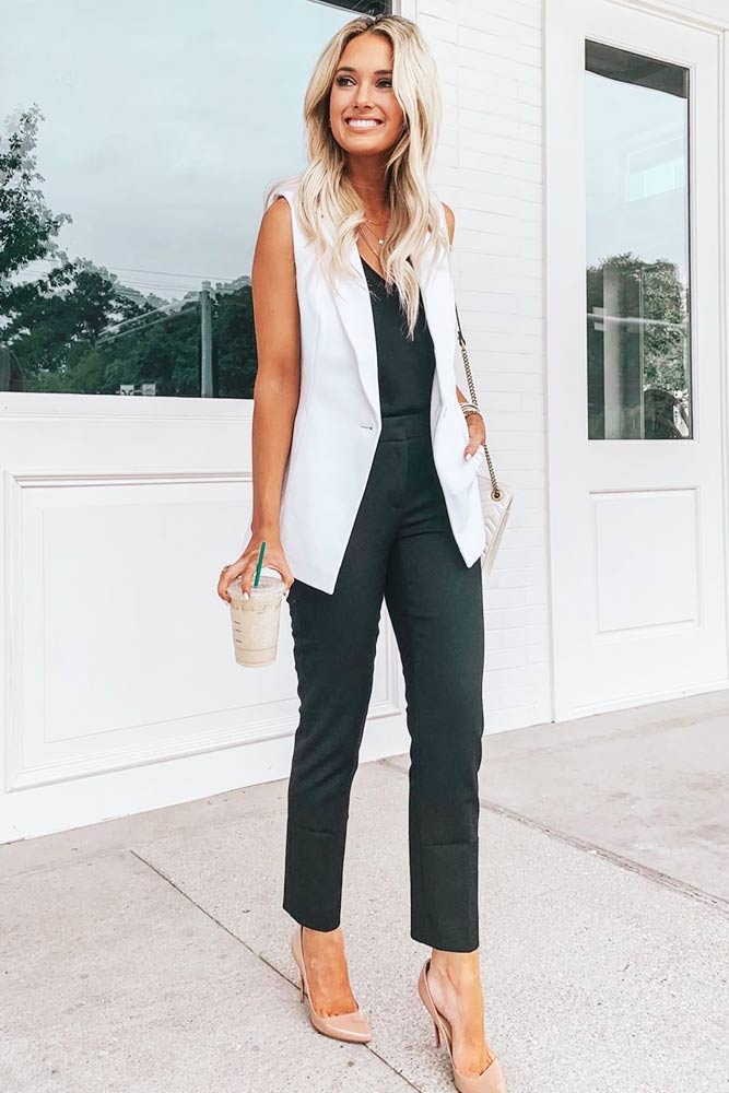 Black Trousers With White Vest Work Outfit #whitevest