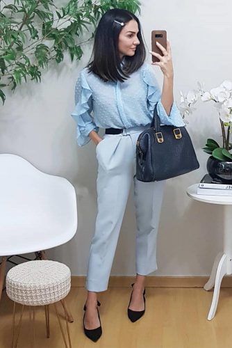 Pastel Blue Work Spring Outfit #trousers #blouse