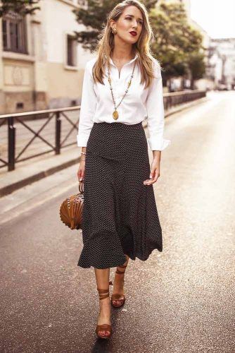 White Blouse With Black Print Skirt #polkadotsskirt