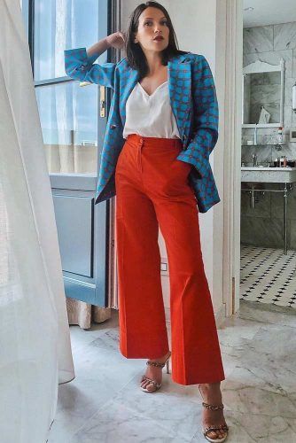 Plaid Jacket With Orange Trousers Work Outfit #whiteblouse #plaidjacket