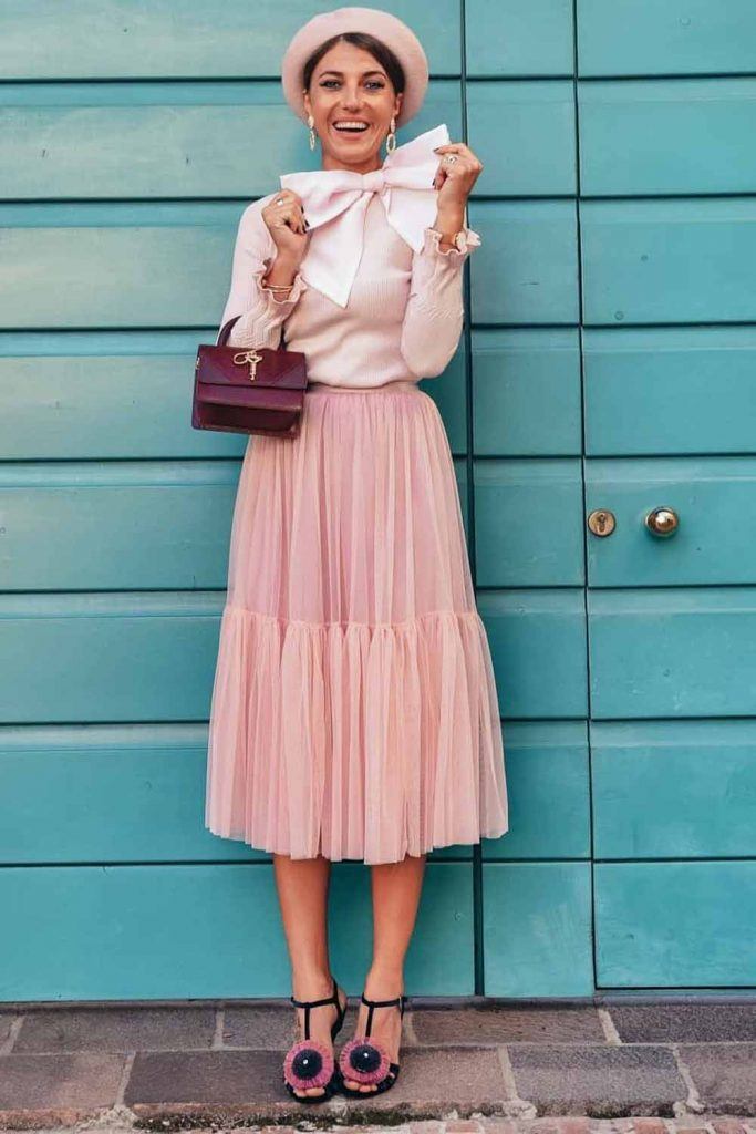 Pastel Pink Outfit With Tulle Skirt #tulleskirt #midiskirt