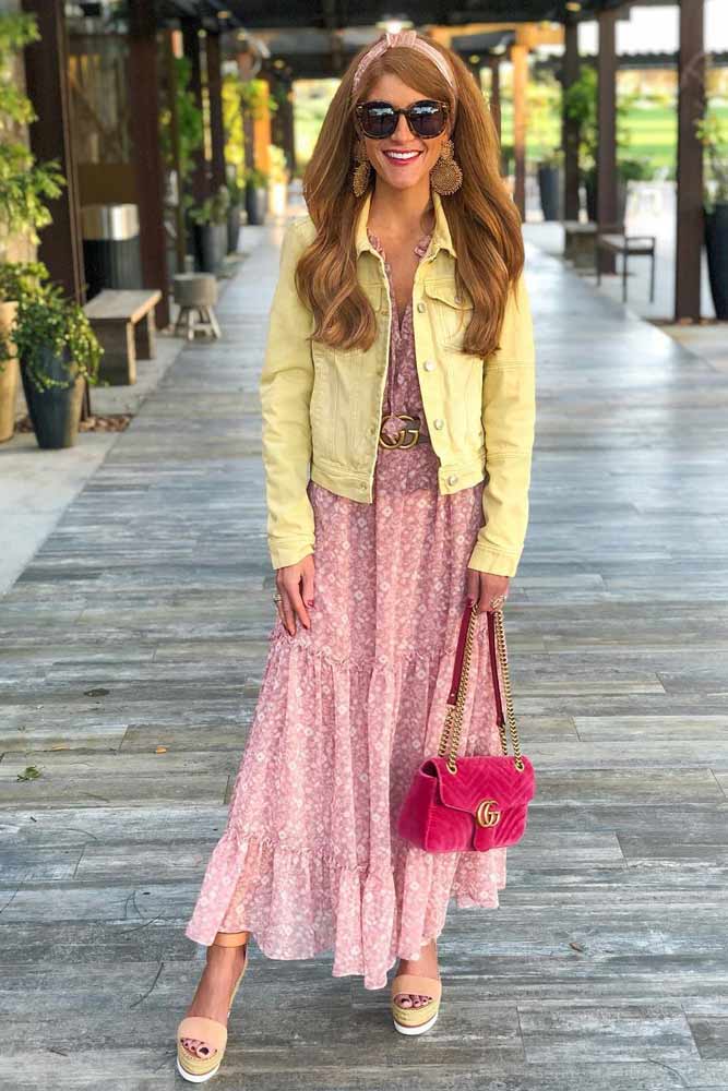 Maxi Floral Dress With Lemon Jacket #denimjacket #maxidress