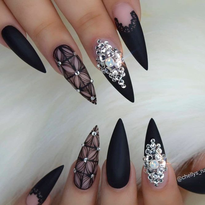 Patterned Black Nails With Rhinestones #rhinestonesnails #patternednails