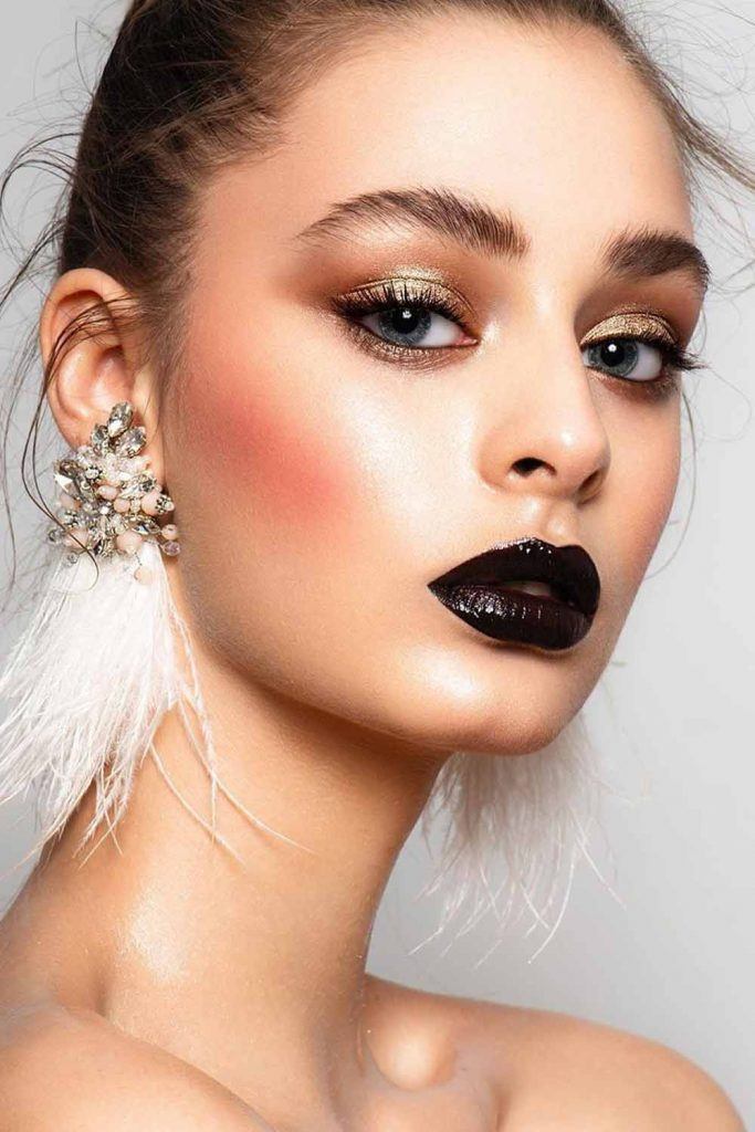 Gold Shimmer Eyeshadow WIth Bold Lips Makeup #blacklipstick #goldeyeshadow