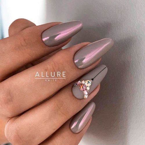 Grey Nails With Rhinestones #mattenails #rhinestonesnails