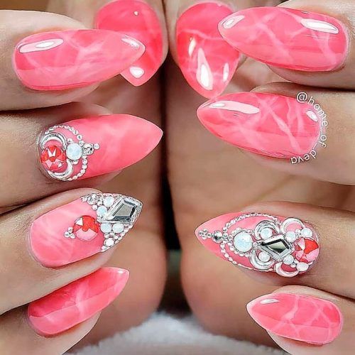 Pink Marble Nails With Rhinestones #pinknails #marblenails #rhinestonesnails