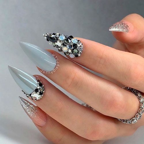 Sparkly Nail Design With Glitter And Rhinestones #rhinestonesnails #glitternails