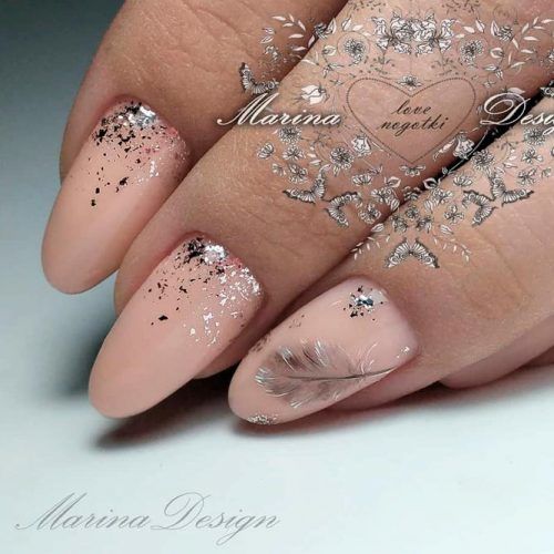 Nude Nails With Glitter And Feather Art #nudenails #glitternails